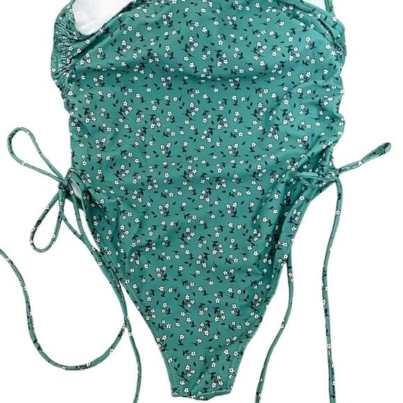 Romwe Green & White Floral Print Side Drawstring One Piece Swimsuit Size Large - Picture 5 of 15
